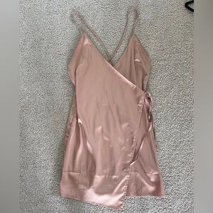 Mahina Gold Satin Wrap Mini Dress - Cross Back - Size S